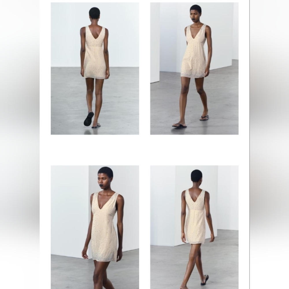 Zara ZW Collection Sparkly Rhinestones Cream Sleeveless Mini Dress Sz-L - Picture 3 of 9